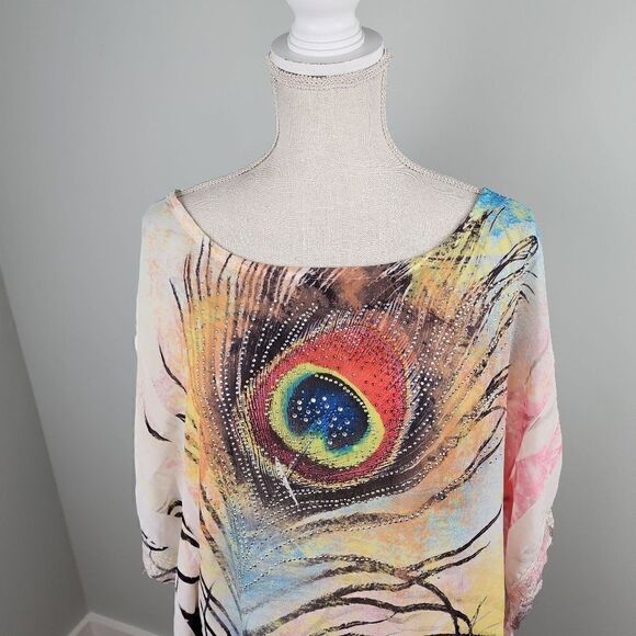 Trac Women's Peacock Design Beaded Detail Tunic Top Size XL - Picture 2 of 6